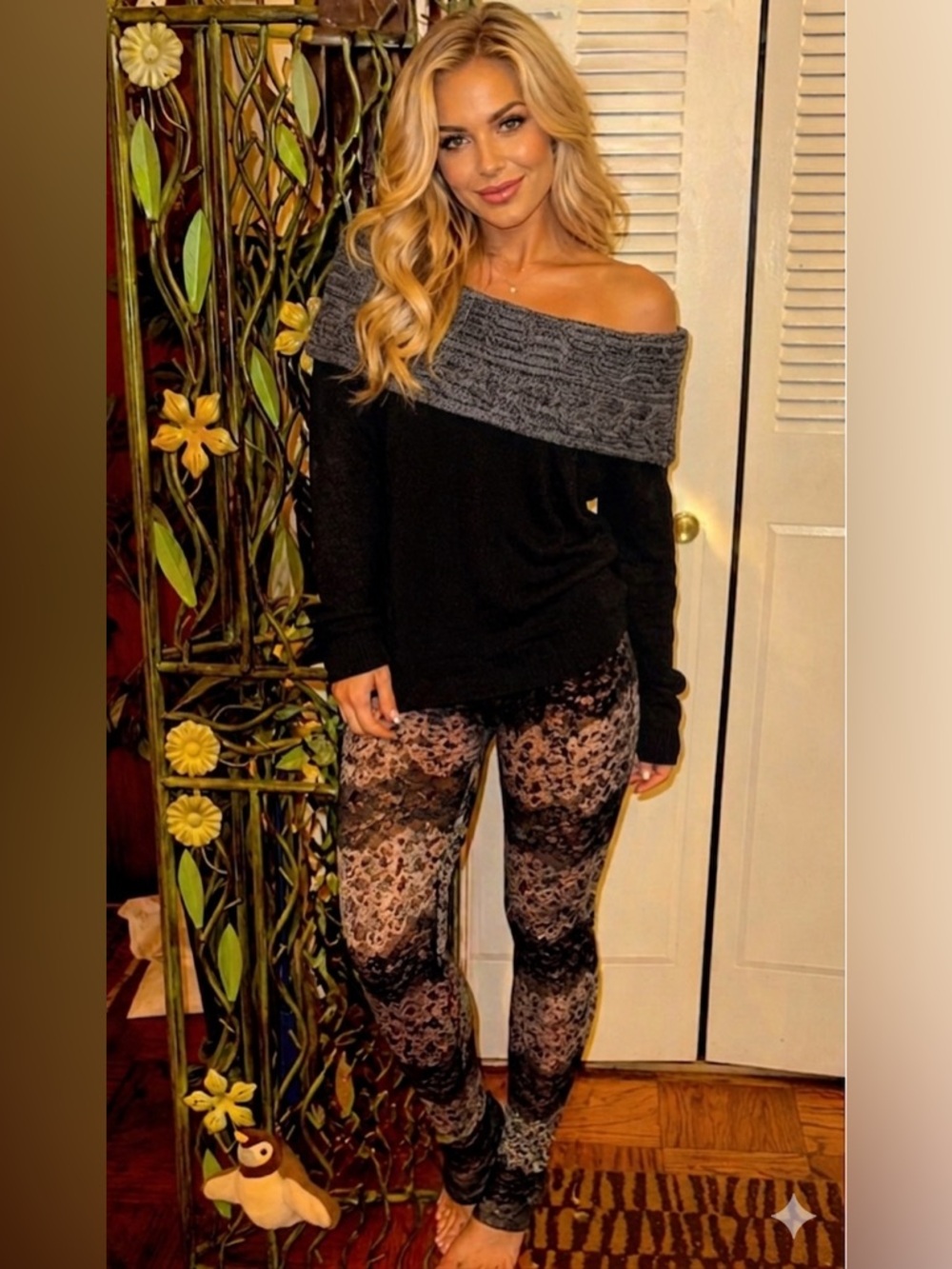 Venus Elegant Black and White Lace Legging  and Black Sweater Set